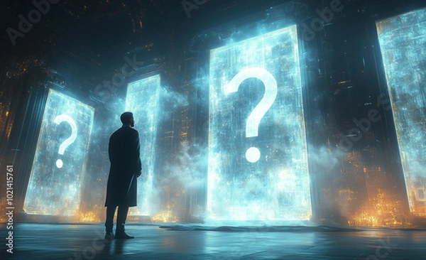 Obraz Business man in a question futuristic portals