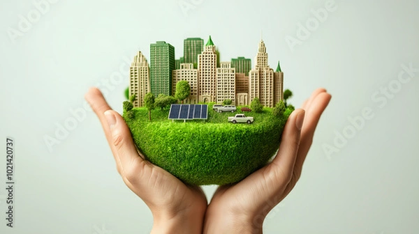 Fototapeta 双手托举的绿色地球低碳环保主题插画