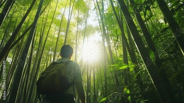 Fototapeta Person Walking Through Lush Bamboo Forest Towards Bright Light