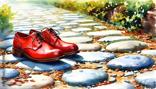 Fototapeta A pair of red leather shoes on a stone path, bathed in sunlight, hinting at a journey ahead