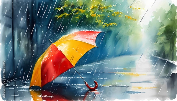Fototapeta A red and yellow umbrella sits in a puddle on a rainy street with sunshine breaking through the clouds