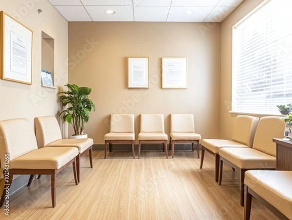Fototapeta Beige walls, neutral-toned seating, and wooden floors in a minimalist waiting room, offering a warm and modern environment