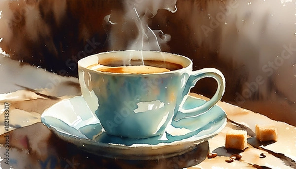 Fototapeta A watercolor painting of a steaming cup of coffee on a saucer with sugar cubes