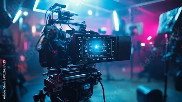 Fototapeta Capturing Creativity in a Vibrant Film Studio Filled With Colorful Lights and Dynamic Equipment
