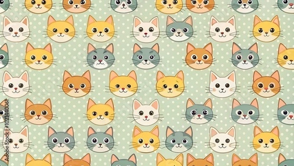 Fototapeta Cute cat faces seamless pattern on dotted background.