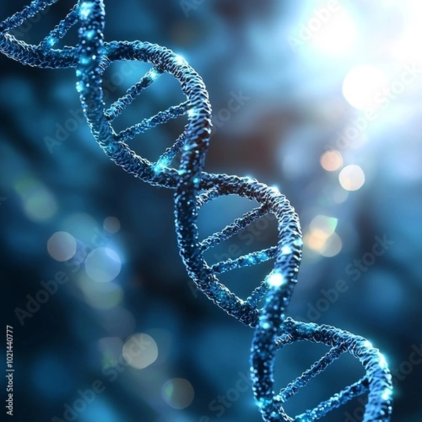 Fototapeta Close-up of a stunning blue DNA helix against a soft glowing background.