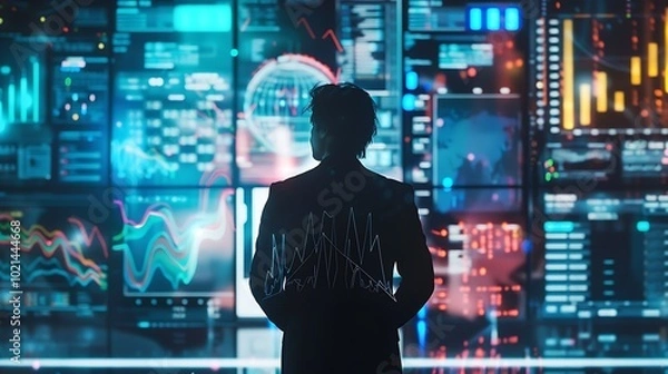 Fototapeta A financial expert surrounded by holographic charts and interactive data visualizations in mid-air.