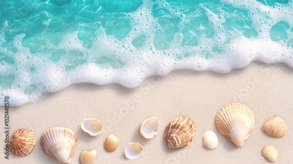 Fototapeta A serene beach scene with seashells and gentle waves, capturing the essence of relaxation and nature's beauty.
