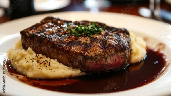 Obraz Grilled Steak with Mashed Potatoes and Sauce