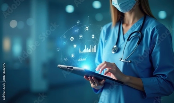 Fototapeta A healthcare professional uses a tablet to analyze data, showcasing the integration of technology in modern patient care.
