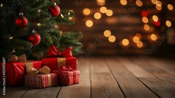 Fototapeta Christmas tree with red boxed gifts generate ai