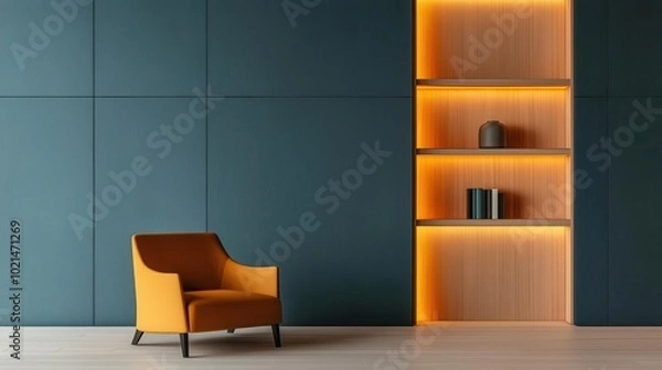 Fototapeta Blueprint of a living room with integrated bookshelf lighting and accent wall lights, modern lighting, elegant living room