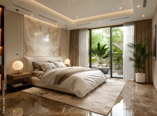 Fototapeta Modern Bedroom Interior Design with Outdoor View