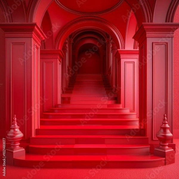 Fototapeta Red Staircase in an Elegant Architectural Setting