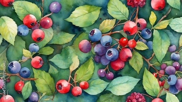 Fototapeta Assorted wild berries with various shades of red and purple watercolor fruit illustration