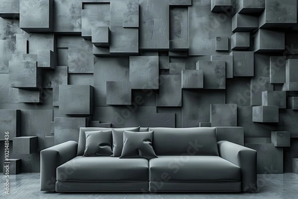 Fototapeta 3D rendering of a modern living room interior with a gray sofa and a 3D wall of concrete blocks