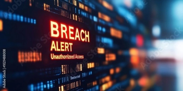 Fototapeta A data breach concept - the words "breach alert" on a screen. Internet security and data protection theme