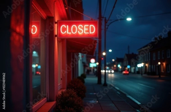Obraz a bright red neon sign with the inscription CLOSED on the window of a store, restaurant or cafe, the inscription closed on a night city establishment