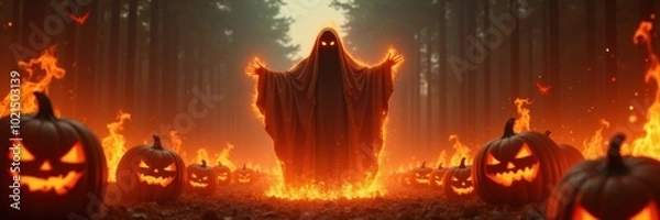 Fototapeta A chilling Halloween scene featuring a ghostly figure amidst glowing pumpkins in a dark forest, perfect for seasonal marketing and spooky themed projects.