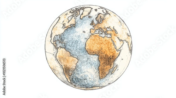 Obraz planet earth global glowing 2d illustration with black outlines glowing low contrast glow colors png white background globe appealing artistic digital painting artwork sphere globe watercolor effect