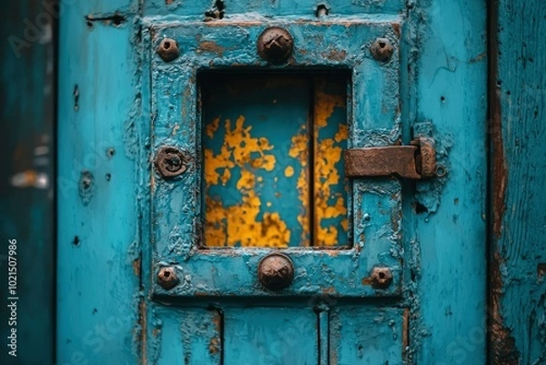 Obraz A Weathered Blue Door with a Rectangular Window and a Rusty Hinge
