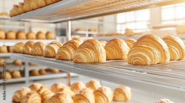 Fototapeta Rows of freshly baked croissants, flaky and golden, on a bakery shelf, 3D illustration