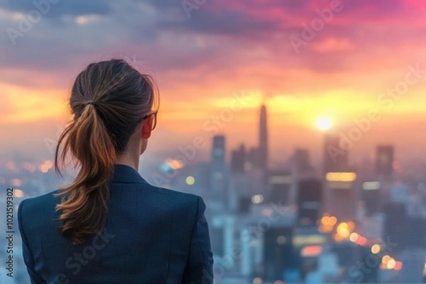 Fototapeta a woman in a suit looking at a city skyline