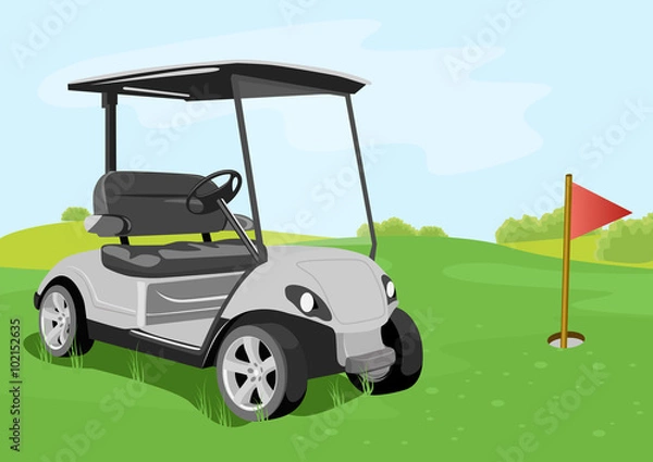 Fototapeta golf cart and flag on a golf course
