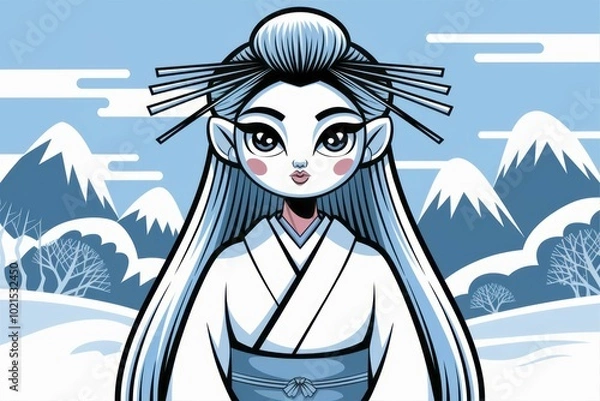 Obraz Japanese woman winter. Anime style illustration of a woman in a traditional kimono against a wintry mountainous backdrop.