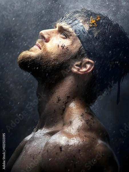 Fototapeta A powerful and muscular weightlifter their body glistening with sweat gazes ahead with an unwavering determination that exudes an aura of unbreakable strength and resolve