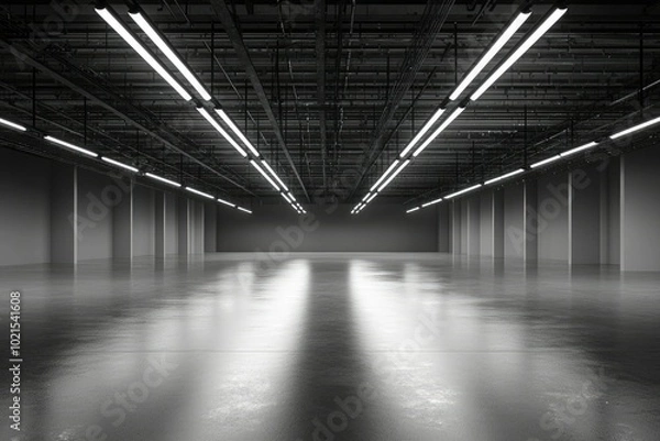 Fototapeta Empty industrial space with white fluorescent lights and a concrete floor