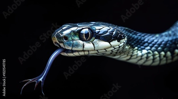 Obraz Close-up of a snake's venomous fangs dripping venom, with its forked tongue flicking out in search of prey.