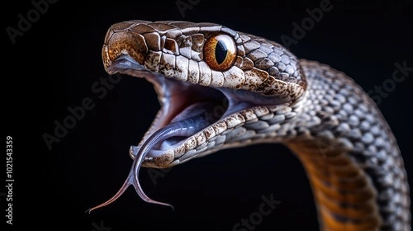 Obraz Close-up of a taipan snakeas venomous fangs exposed as it strikes, with deadly precision.