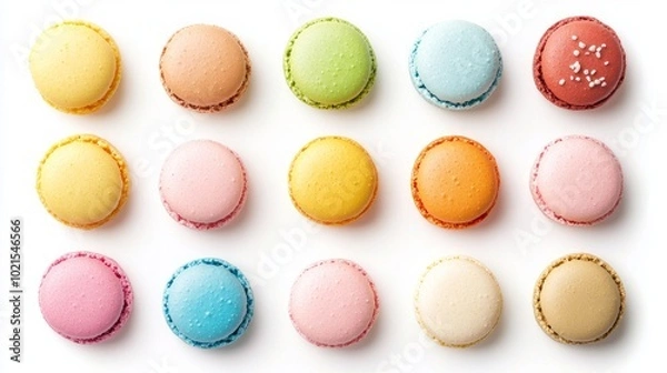 Obraz Creative layout of macaron cakes isolated on a white background A collection of sweet treats Flat lay top view
