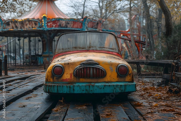 Obraz Rusty Car in Front of a Carousel - Abandoned Amusement Park Photo