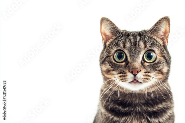 Fototapeta surprised cat with a funny and excited expression on white background