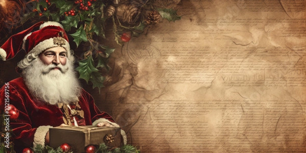 Obraz Santa Claus poses with a Christmas tree, surrounded by gifts ,Generated By Ai