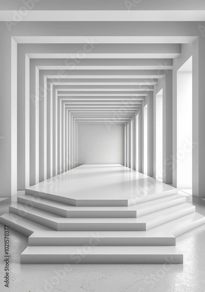 Fototapeta 3D rendering of an empty white room with a podium