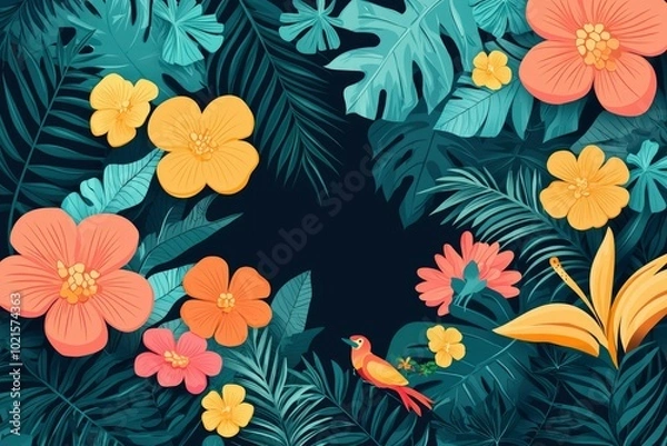 Fototapeta Tropical Floral Pattern with a Bird on a Dark Background