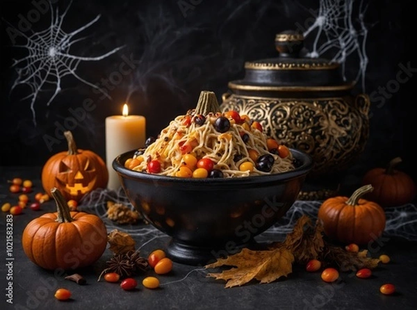 Fototapeta A spooky graveyard filled with flickering candlelight and shadows