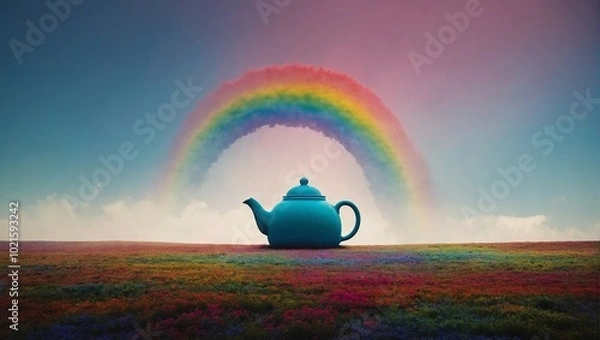 Fototapeta The world where abstract architecture and nature concepts becomes reality and comes to life in a most unexpected ways. Surreal giant teapot in a meadow with rainbow.