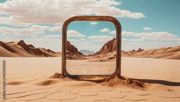 Fototapeta Surreal landscape with mirror in a desert. Modern surrealism and contemporary art concept. Wasteland and loneliness  idea. Copy space.