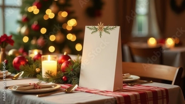 Fototapeta festive holiday decorated table setting with focus on empty white menu card standing upright on table, warmly lit restaurant with Christmas tree in background.restaurant promotions or menus concept.