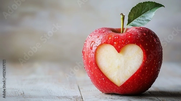 Obraz Close-Up of Red Apple with Heart-Shaped Carving and Water Droplets on Light Wooden Surface