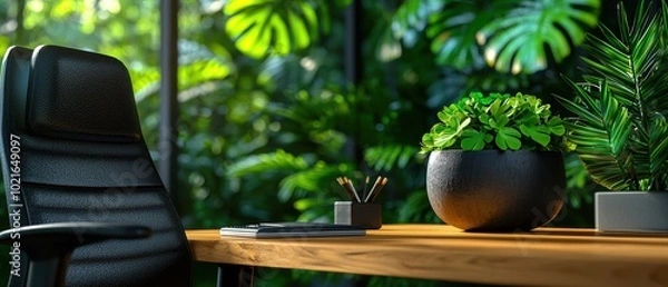 Fototapeta Modern Workspace with Greenery and Natural Light