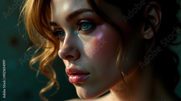 Obraz Moody Close-Up Portrait of a Pensive Woman in Dramatic Soft Lighting