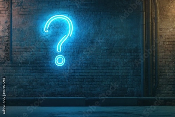Fototapeta a neon blue question mark on a brick wall