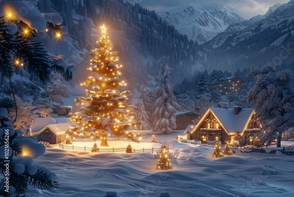 Fototapeta Snowy Christmas Village with Illuminated Christmas Tree