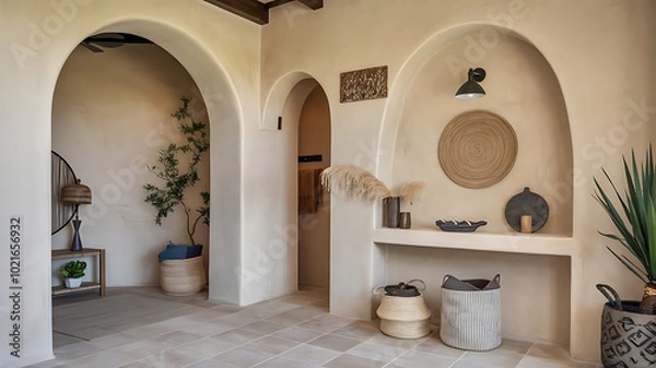 Fototapeta  Boho Mediterranean Interior Design of Modern Home Entryway with Arched Walls