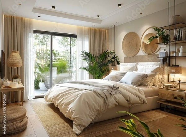 Fototapeta Modern Beige Bedroom Interior Design Illustration